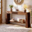 Console en bois massif de 63 po, table de ferme rustique avec tablette de rangement ouverte, table d'entrée pour le salon, couloir, brun