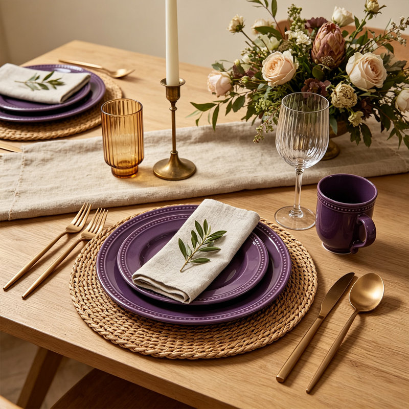 Service de table 16 pièces en grès à pois nacrés HomeVSS, pour 4 personnes, Mauve
