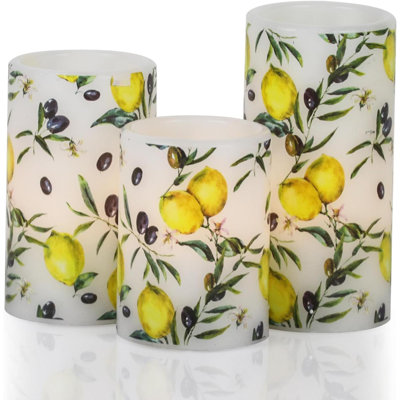 Flameless Pillar Wax Candles With 6 Hour Timer Battery Operated 3 Packs Lemon Decals LED Flickering Candles Yellow Light Holiday Wedding Spring Home Decoration Candle(3 X 4, 5, 6 Inches)