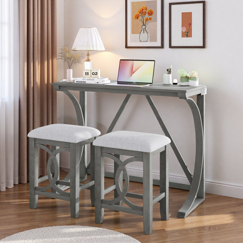 Ensemble de table de salle à manger à hauteur de comptoir 3 pièces Farmhouse avec port USB et tabourets rembourrés, Gris