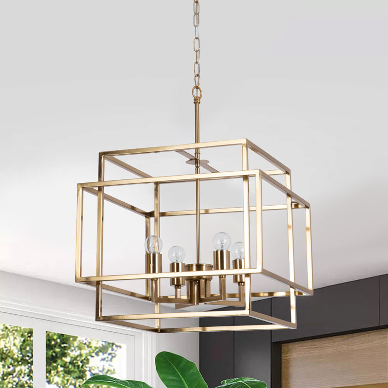 Worton 18" W Dimmable Modern Kitchen Island Square Chandelier, Polished Brass