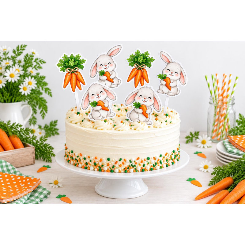 Décorations de gâteaux « Champ de carottes et lapins », figurines pour gâteau d'anniversaire « Jardin des lapins », pics en carton orange et vert