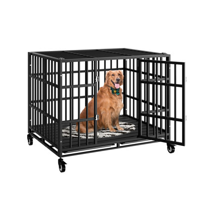 Large Heavy Duty Dog Crate With Wheels,48 Inch Indestructible Escape-Proof Dog Cage, Extra Large Xl Xxl Indestructible Dog Crate With Removable Tray..
