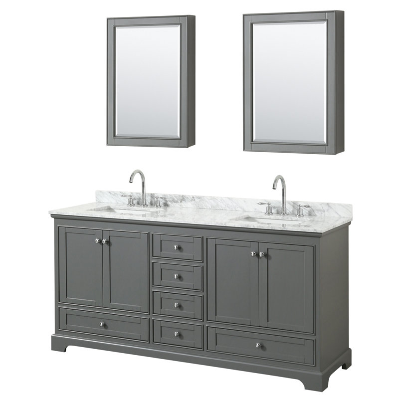 Deborah 72'' Double Bathroom Vanity with Marble Top with Mirror, Dark Gray, Matte Black