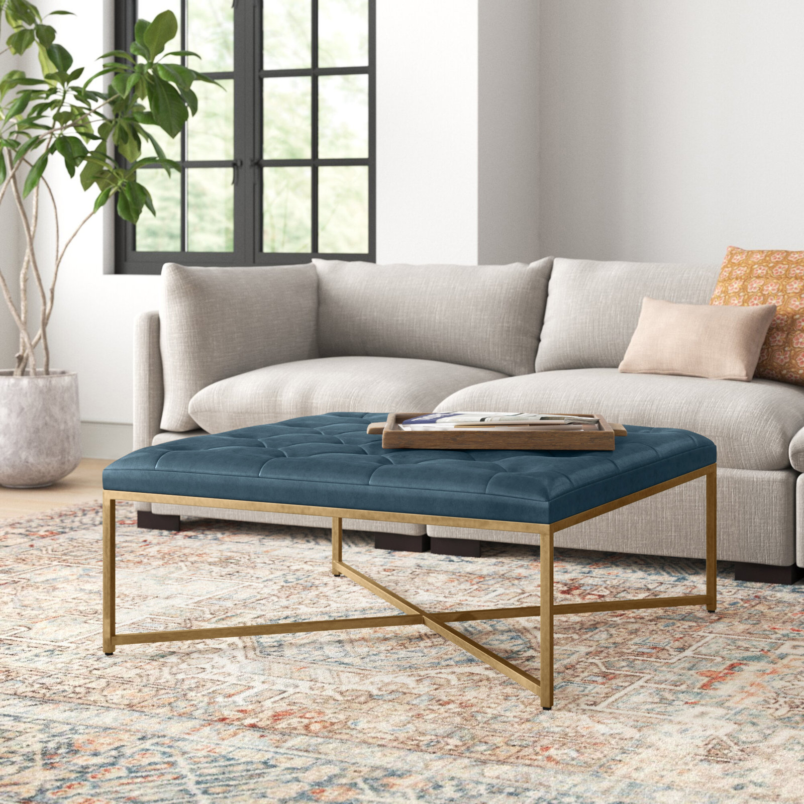 Osa 40" Genuine Leather Ottoman, Peacock Genuine Leather