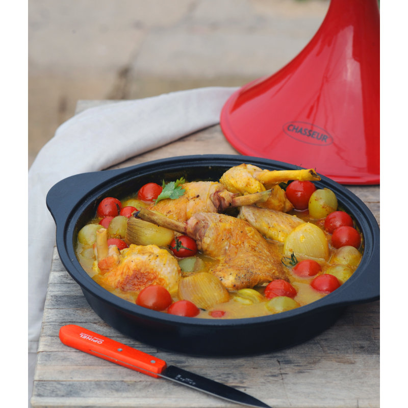Red French Enameled Cast Iron Tajine with Ceramic Cone Lid
