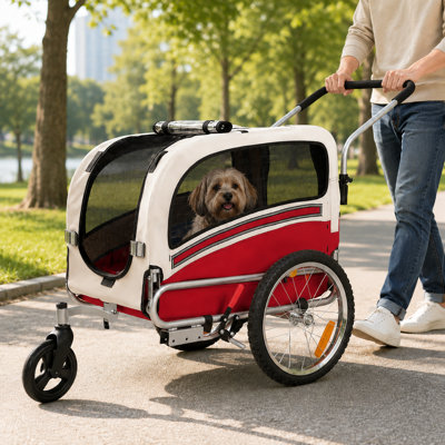 Remorque de vélo et poussette pour chien pliable 2 en 1 Aobei rouge pour chien moyen ou grand avec rideau imperméable