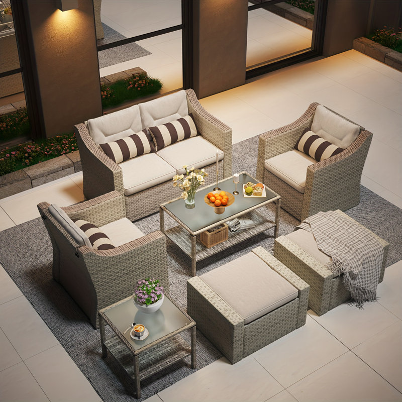 Outdoor Patio Furniture Set, 7/5/4/3/2 Piece Patio Conversation Set Outdoor Furniture Set, Rattan Lounge Chair With Ottoman Footrest, Coffee Table & Cushions For Garden, Patio, Balcony, Deck(Brown/Grey) - Patio Furniture Outdoor