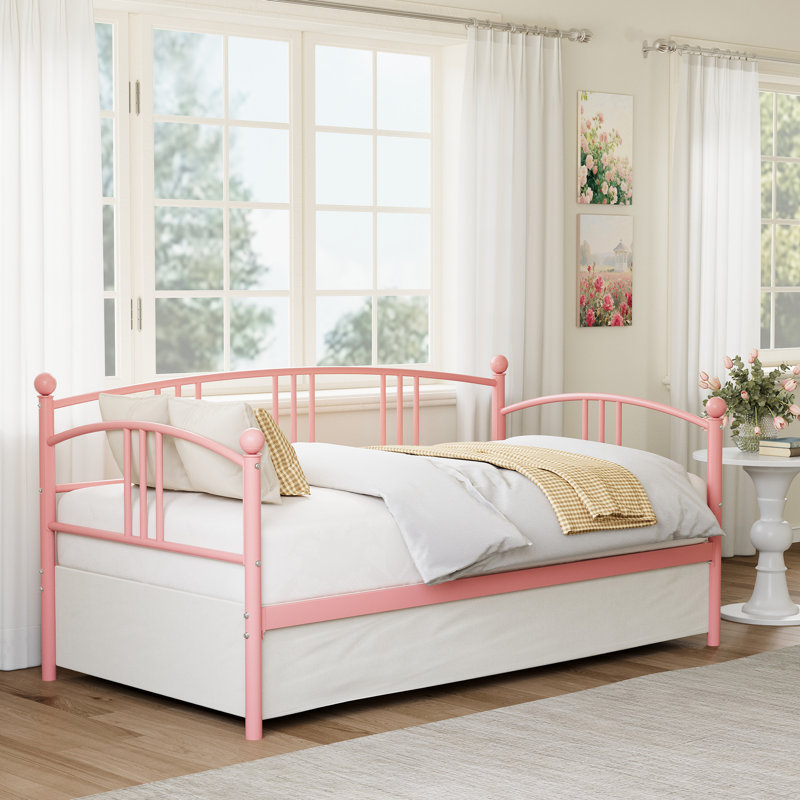 Twin Daybed with Trundle, Sturdy Metal Day Bed with Steel Slat Support, Trundle Bed Twin with Arched Headboard, 6 Casters for Easy Mobility, SofaBed for Living Room, Bedroom and Guest Room
