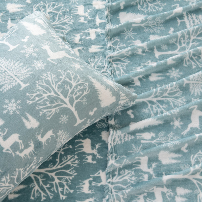 King Enchanted Woods Blue Velvet Plush Fleece Sheet Set