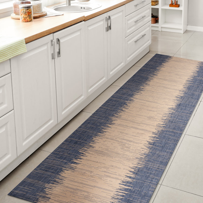 Cura Modern Strie' Blue/Beige Indoor/Outdoor Rug, Runner 2'2" x 10'