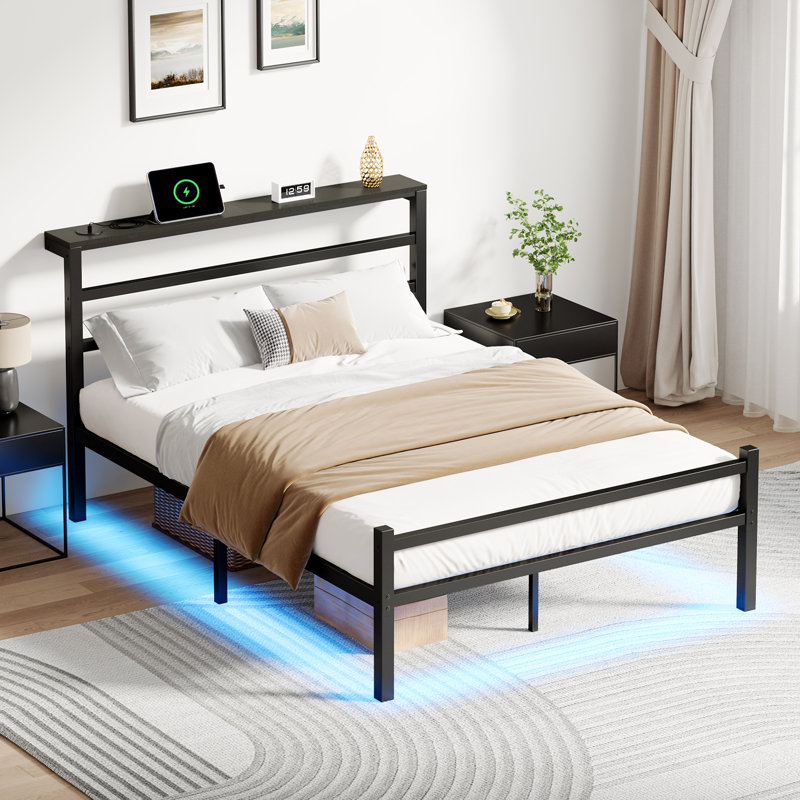 Bed Frame with LED Headboard Shelf, Bed Frame with Charging Station, Heavy Duty Steel Slats, Queen
