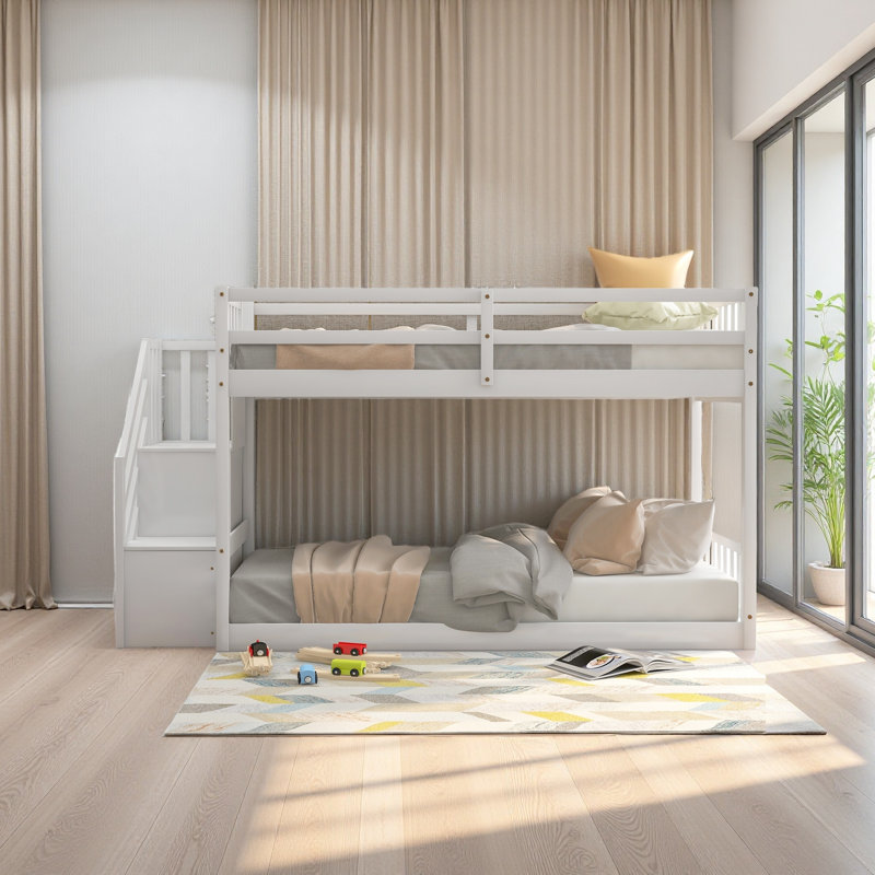Lit superposé simple au-dessus d'un lit simple, échelle avec rangement, Blanc