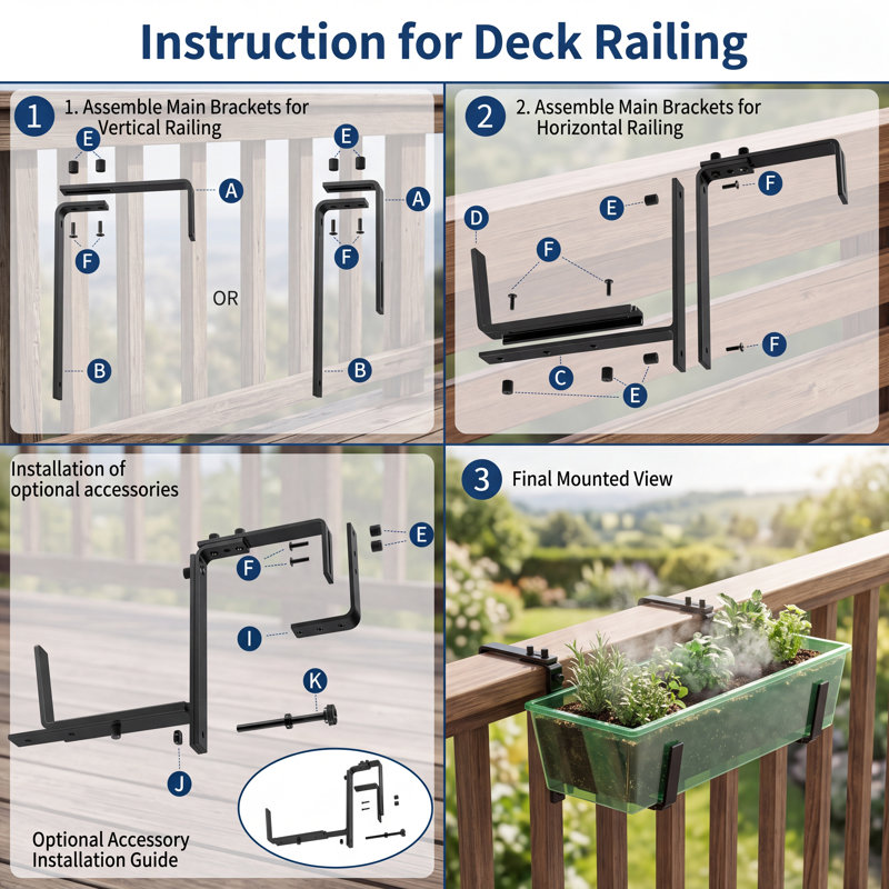 Lot de 4 supports réglables pour jardinières de balcon, fixations en fer noir pour terrasse et clôture, double système d'installation, compatibles avec les rails de 15 à 32 cm de large, clips de support robustes pour pots de fleurs et jardinières de fenêtre.