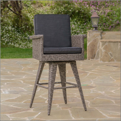 Outdoor Barstool Chair, Gray Black Wicker Rattan, Polyester Cushions