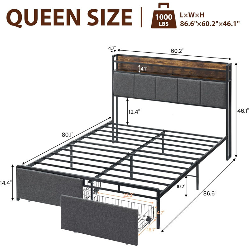 Bed Frame With Headboard, USB & Type-C Charging Station, Queen
