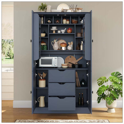 Garde-manger autoportant de 42,3 x 20,0 x 70,9 pouces, grand poste de travail de rangement avec 4 portes, 3 tiroirs, 6 tablettes de porte, tablettes amovibles et 6 supports à vin