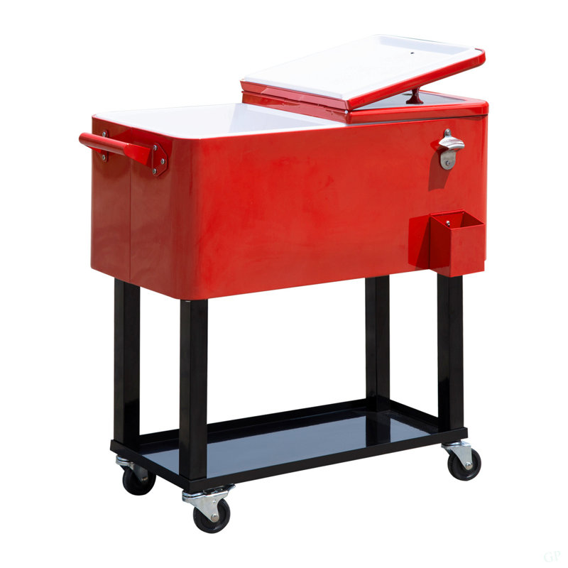 Outsunny 80 QT Rolling Cooling Bins Ice Chest On Wheels Outdoor Stand Up Drink Cooler Cart For Party, Red