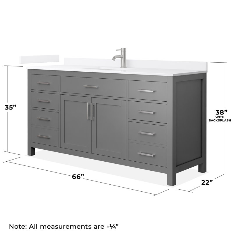 Beckett 66" Freestanding Single Bathroom Vanity with Quartz Top, Brushed Nickel, White Quartz, Dark Gray