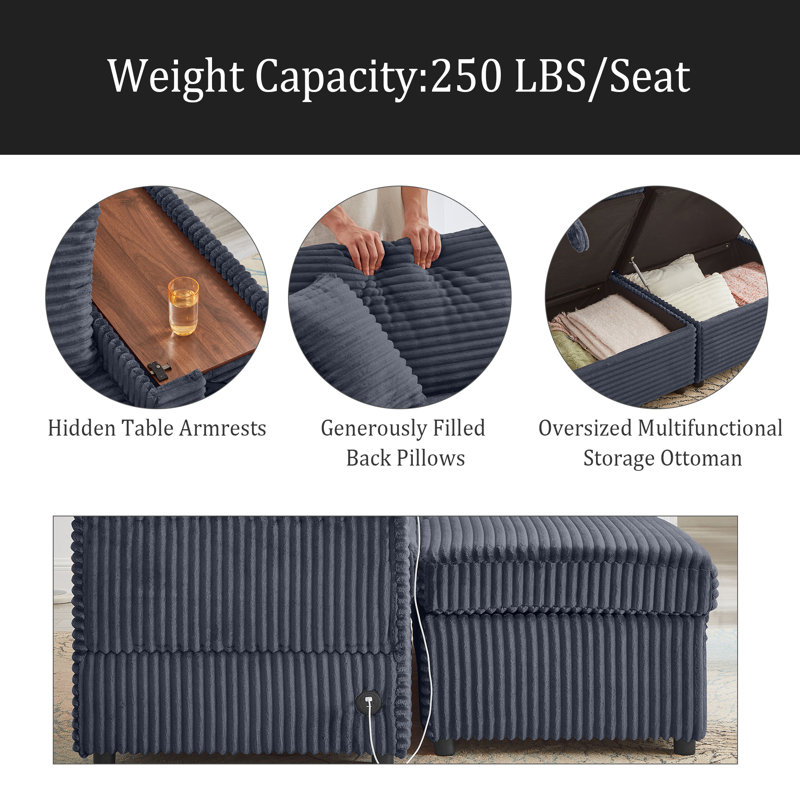 Comfortable Fluffy Corduroy Lazy Sofa, Storage Space For Big Loveseat, Super Soft Chaise Lounge With Double Ottomans And Table Board,Suitable For Chailiving