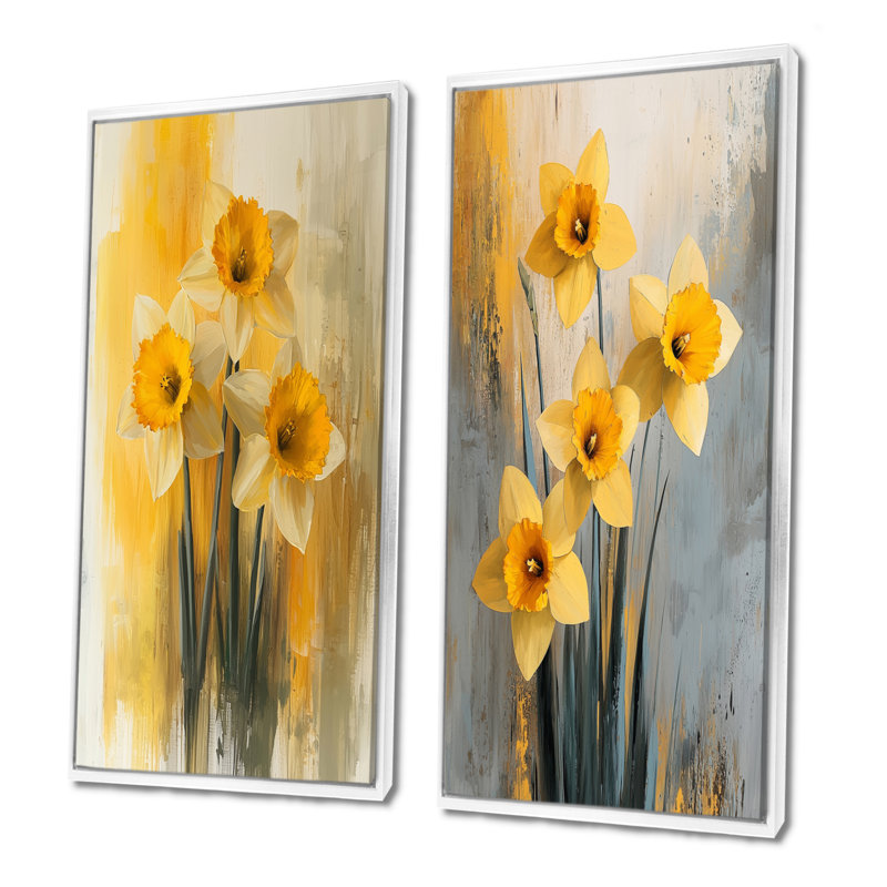 Silencieux jonquille minimaliste fleurs I - Collection d'art mural floral 2 panneaux, H 40 po x l 41 po, Cadre flottant blanc