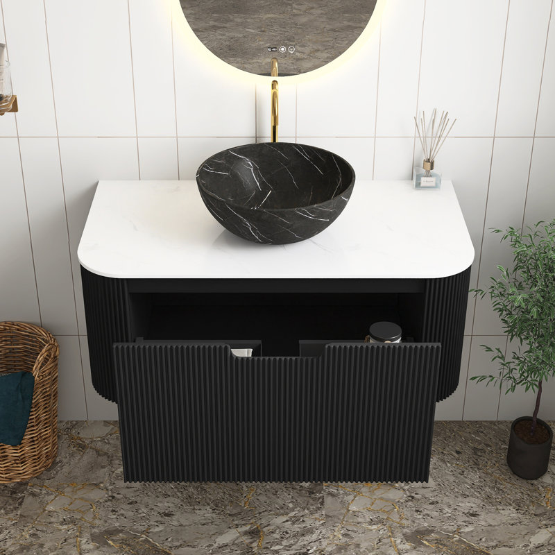 Meuble-lavabo noir 36 po avec lavabo, meuble de rangement mural rayé à bords arrondis avec tiroir, cuve en céramique noire avec motif de pierres, pré-assemblé