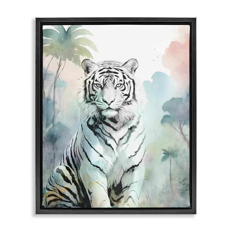 Cadre flottant tigre blanc dans la jungle, design par Kim Allen, Cadre flottant noir de jais, H 21 po x l 17 po