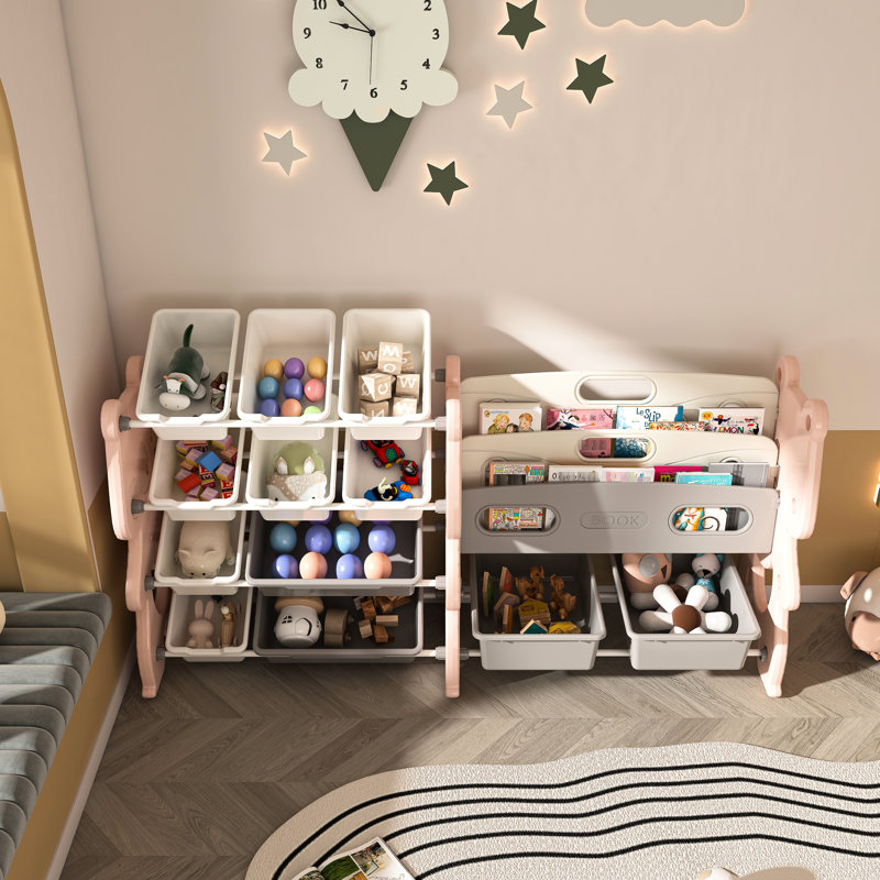 Organisateur rose, bibliothèque à 2 niveaux, 12 bacs pour la chambre à coucher, salle de classe - Rehausser son autonomie, rangement et bacs, bibliothèque autoportante pour la chambre à coucher, conception multifonctionnelle