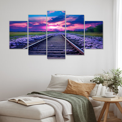 Lavender Train Tracks Fuchsia Sunset II - Train Wall Art 5 Piece