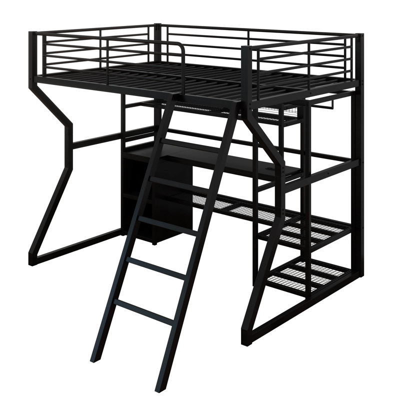 Full Size Metal Gaming Loft Bed With Built-In Work Station, Open Wardrobe, LED And Multiple Storage