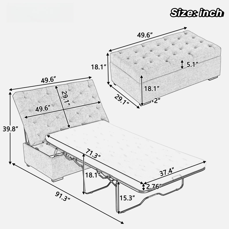 Convertible Ottoman With A Folding Sofa Bed, Metal Frame, Memory Mattress And Tufted Design, Grey