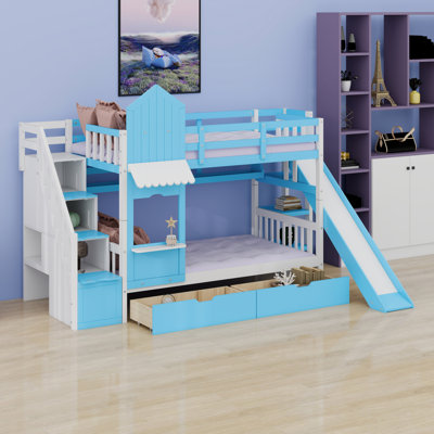 Castle Style Bunk Bed With Drawers, Shelves And Slide