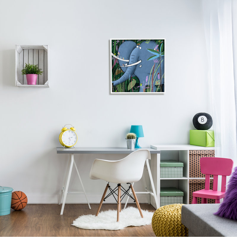 Éléphant, safari, art pour enfants, H 24 po x l 24 po x P 1,5 po, Giclée encadrée blanc bord de mer