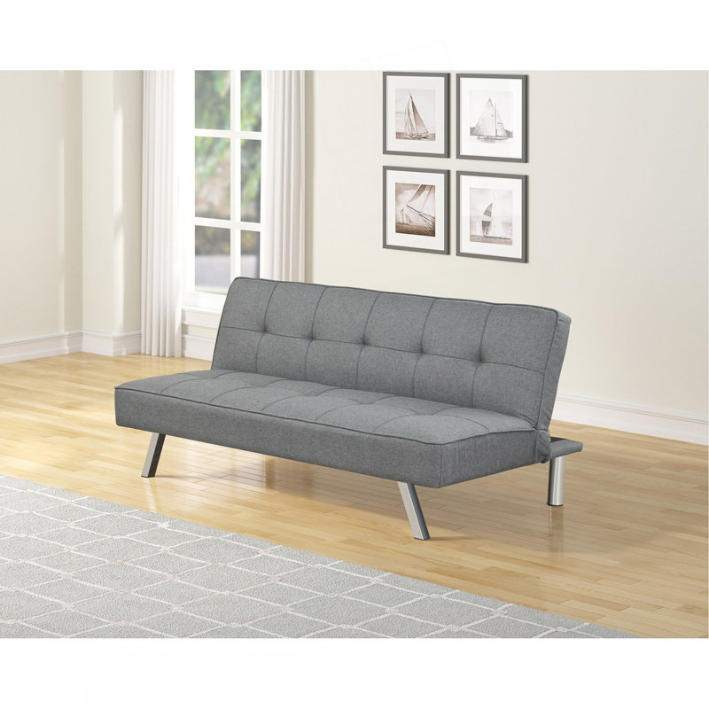 Futon-lit capitonné contemporain avec pieds en métal, canapé-lit en lin, gris