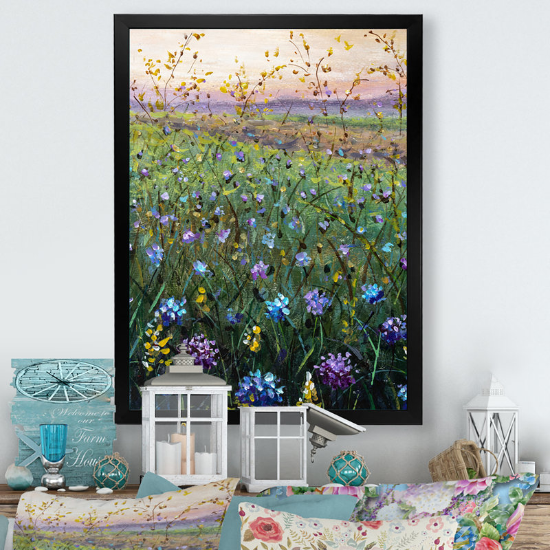 Champ coloré vibrant de fleurs sauvages IV - Peinture, Toile avec cadre photo noir, H 32 po x l 16 po x P 1 po
