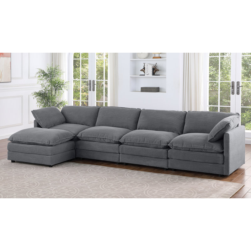 142” W Oversized 6-seater Composable Modular Sofa With 2 Ottomans, Gray Corduroy