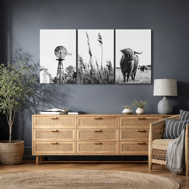 Highland Cow Country, photographie de paysage de campagne rustique moderne, impression numérique sur toile giclée sur toile