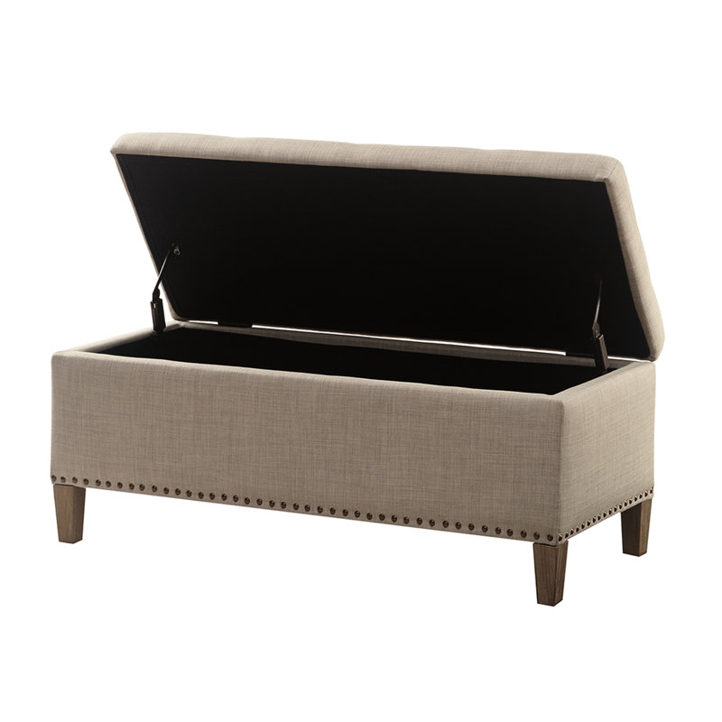 Banc de rangement gris avec fonction de fermeture en douceur, clous en cuivre, pieds en bouleau noir, intérieur amplement large de 42 po de largeur x 18 po de hauteur, housse en lin gris, pieds, couvercle, capacité de poids de 400 lb