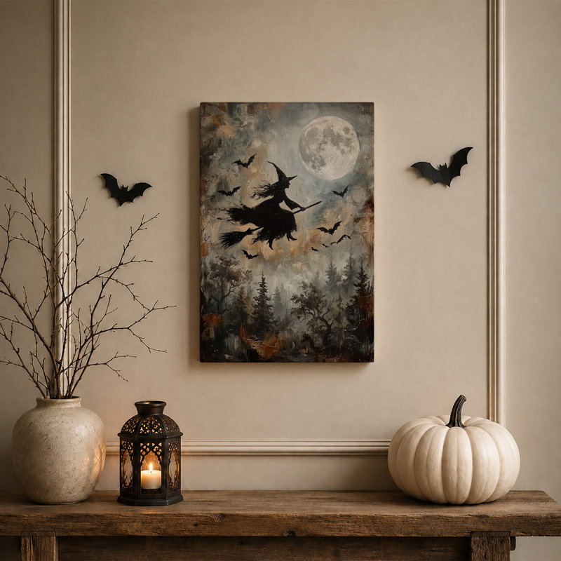 «Black Witch Silhouette Flying With Bats and Full Halloween», art mural sur toile, 24"H x 16"W