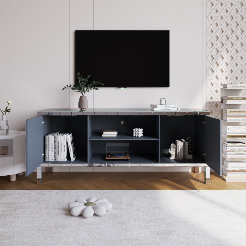 Meuble télé en miroir pour téléviseur de 65 po ou moins, console de télévision argentée avec rangement ouvert et 2 armoires de rangement, portes de miroir étincelantes en forme de losange