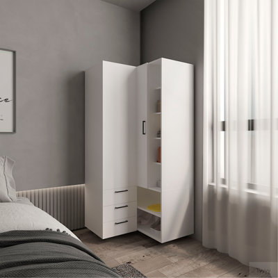 Armoire de coin Toulouse avec portes doubles et tablettes intérieures, garde-robe compacte, blanc
