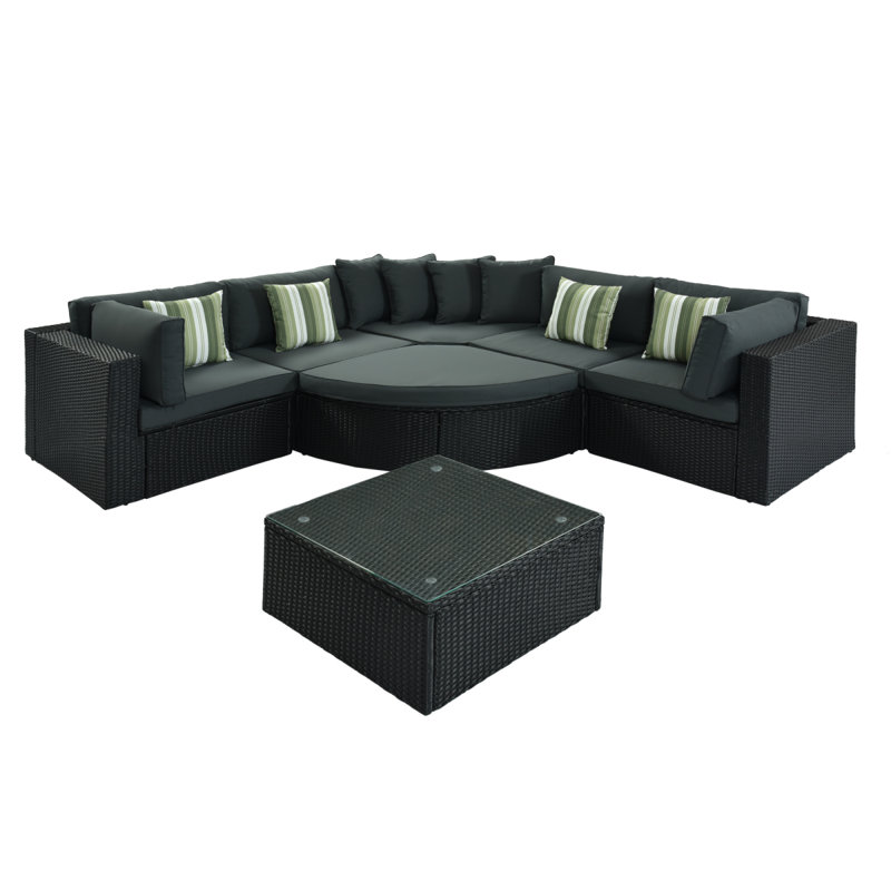 Go 7-Piece Outdoor Wicker Sofa Set, Rattan Sofa Lounger, With Striped Green Pillows, Conversation Sofa, For Patio, Garden, Deck, Black Wicker, Gray Cushion, Outdoor Patio Sofa Outdoor Set