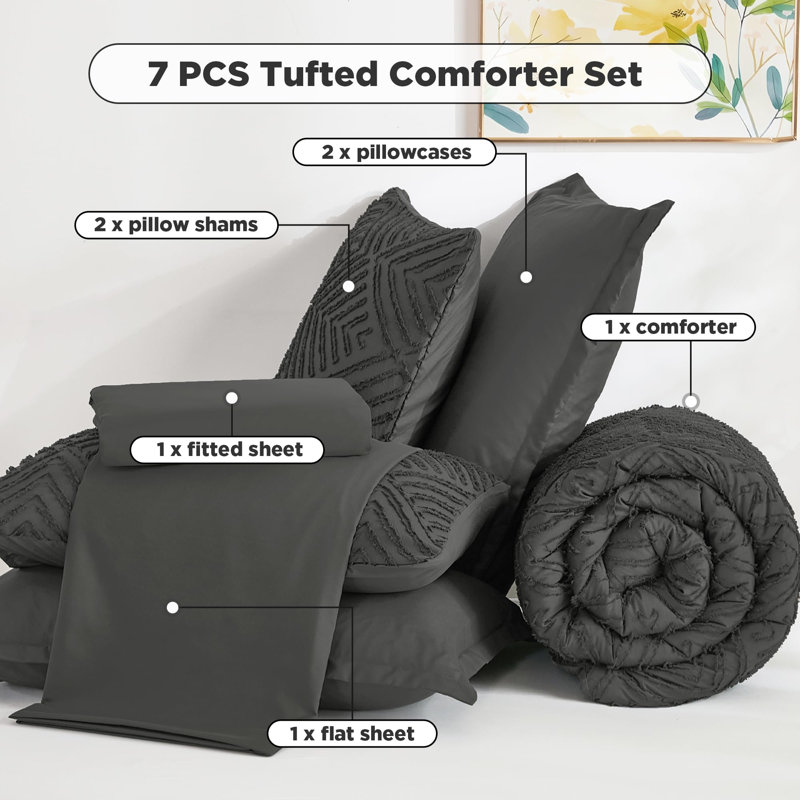 Andency King Size Comforter Set 7 Pieces Dark Grey - Bed in a Bag King Boho Lightweight Fluffy Tufted Bedding Sets with Quilt Comforter, Sheets, Pillowcases & Shams