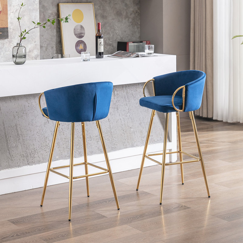 Tabourets Dardar, avec repose-pieds chromé et base / tabouret simple à pieds dorés, Bleu