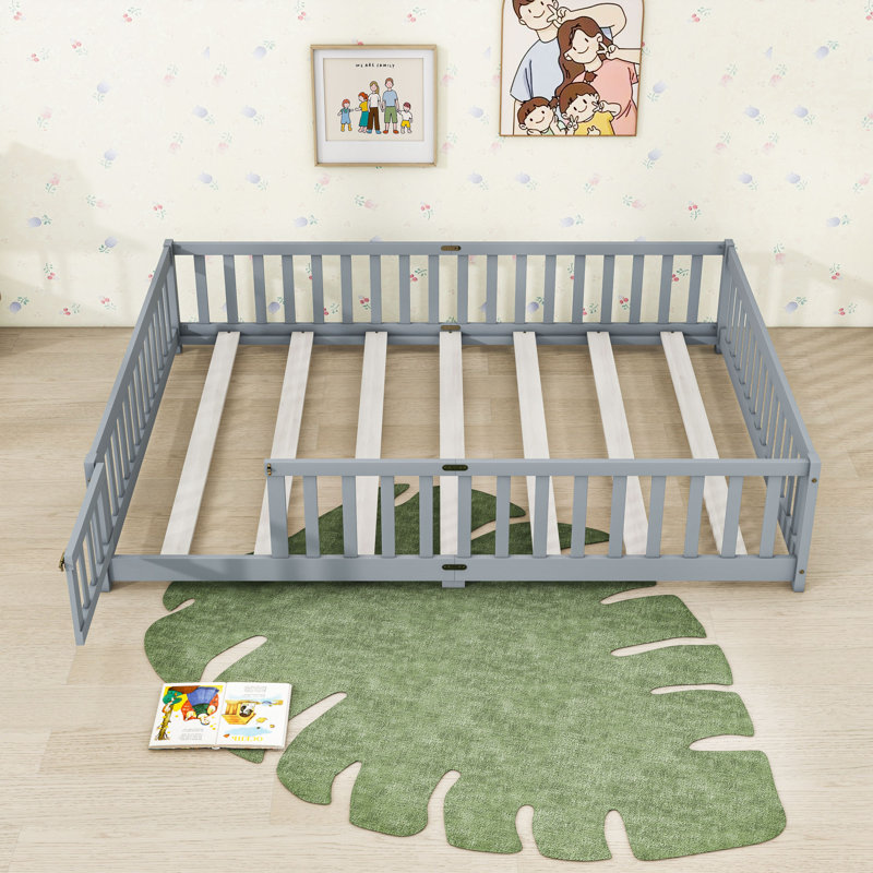 Queen Wood Floor Bed With Fence, Gray