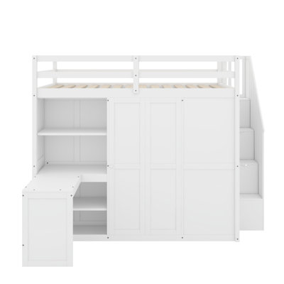 Lit mezzanine double avec garde-robe, bureau et tablettes
