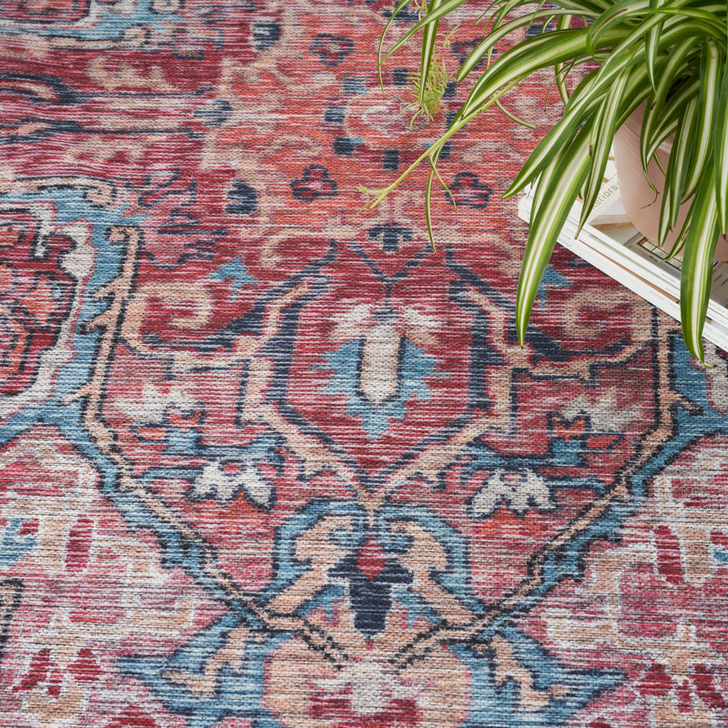 Machine Washable Oriental Blue/Brick Red Area Rug, Rectangle 9'2" x 12'
