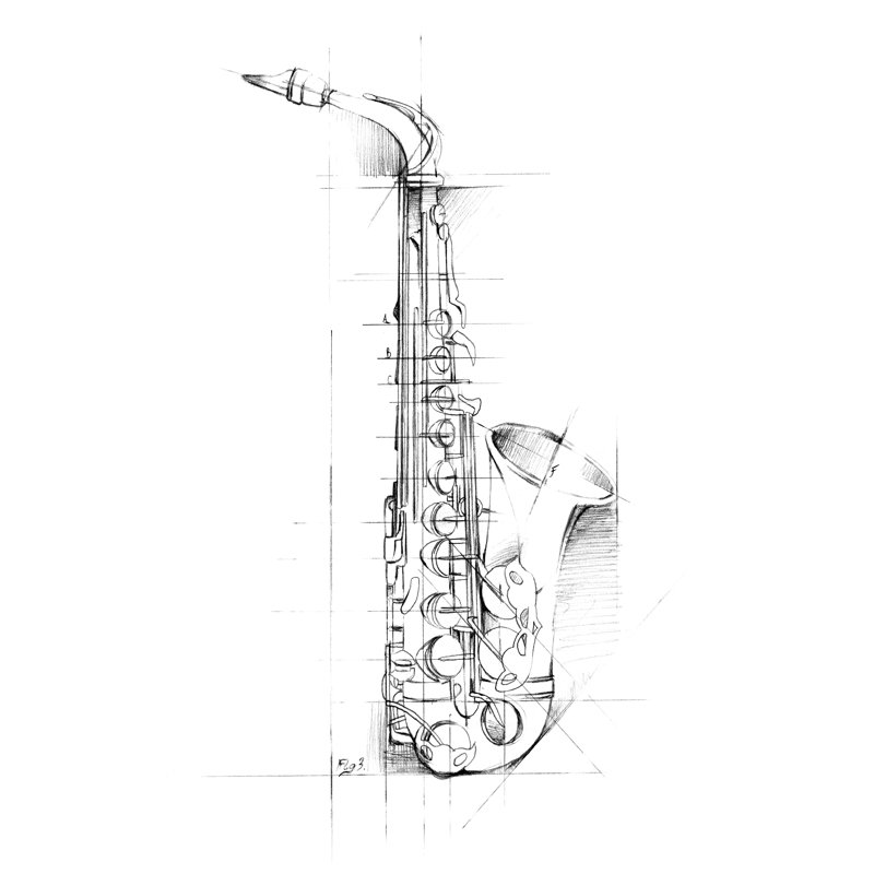 UA CH Saxophone Sketch by Ethan Harper - Wrapped Canvas Print, 46cm H x 30cm W x 3.8cm D