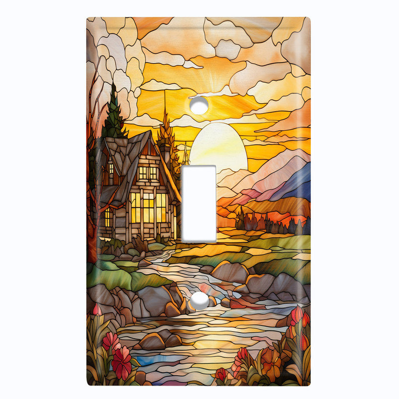 Couvercle de plaque d'interrupteur en métal; Bascule standard à 1 bande des États-Unis - image imprimée du coucher de soleil en verre coloré