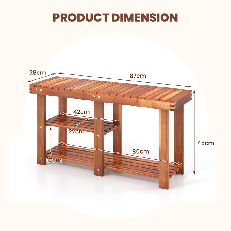 Acacia Wood Shoe Rack Bench 3-Tier Shoe Organizer 87X28x45cm-Teak
